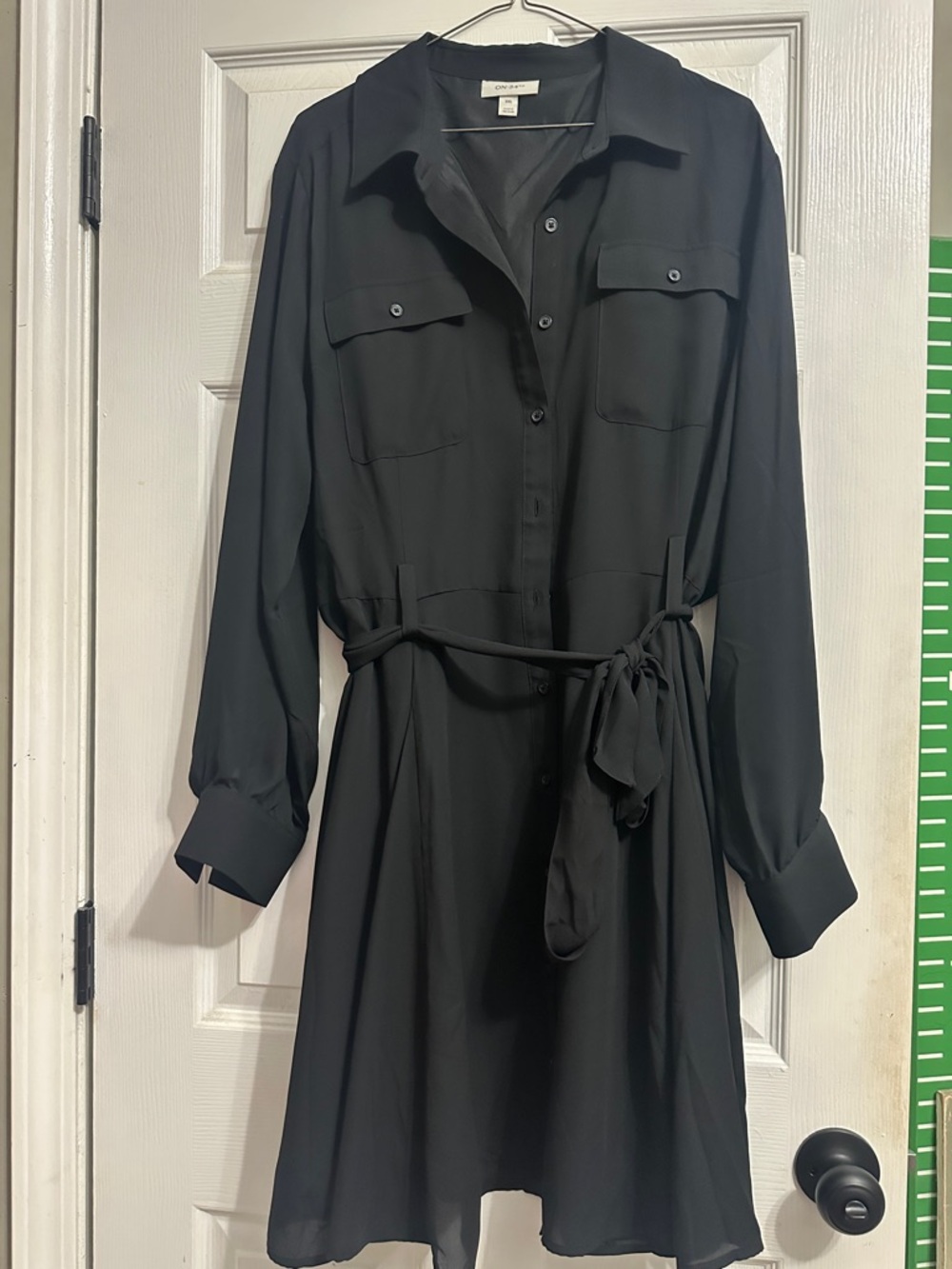Black Long-Sleeve Chiffon Shirt Dress with Tie Waist